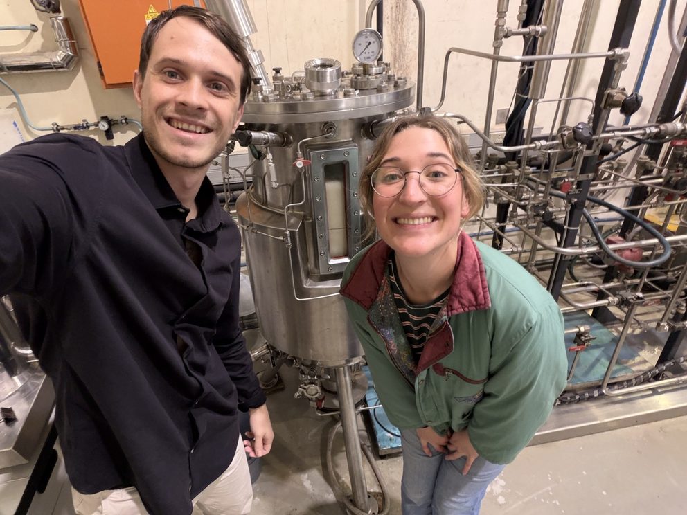 Andre and Jody with the 150L pilot bioreactor